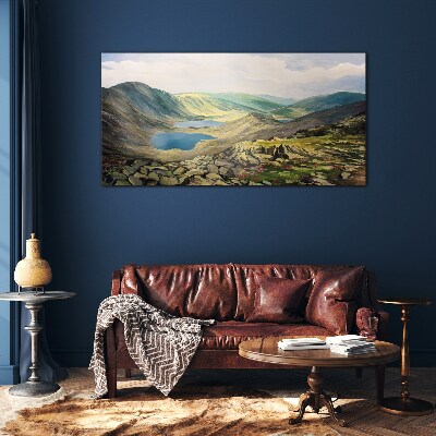 Mountain landscape with a lake Glass art print