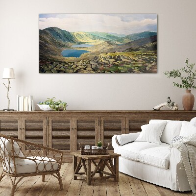 Mountain landscape with a lake Glass art print