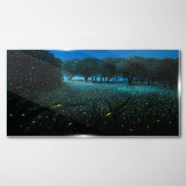 Forest night fireflies Glass Print