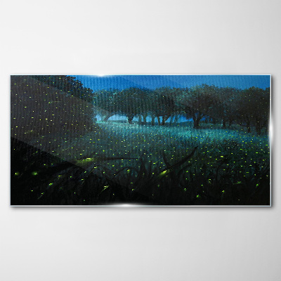 Forest night fireflies Glass Print