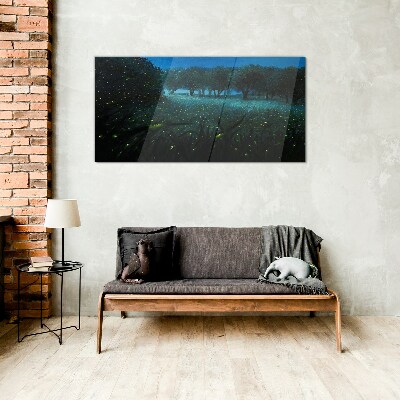 Forest night fireflies Glass Print