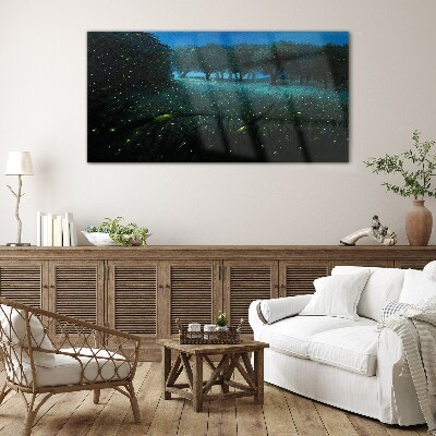 Forest night fireflies Glass Print