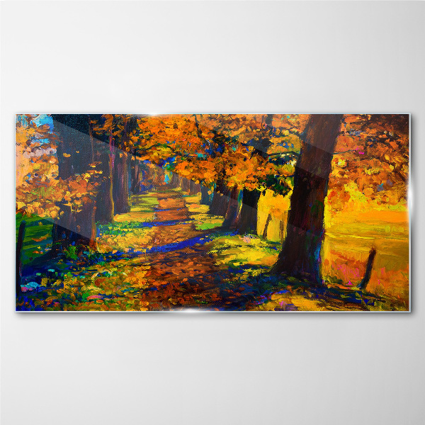 Path tree autumn leaves Glass Wall Art