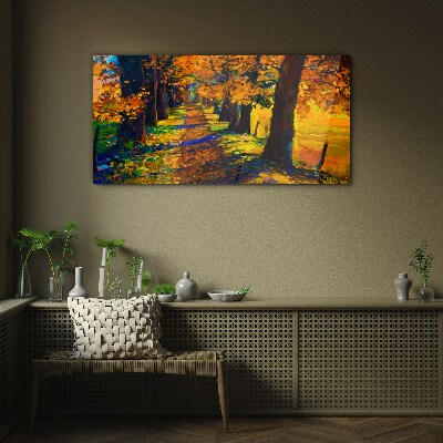 Path tree autumn leaves Glass Wall Art