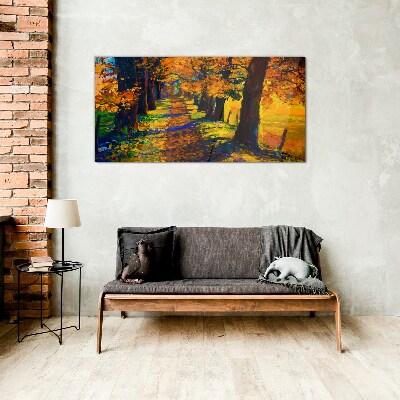 Path tree autumn leaves Glass Wall Art