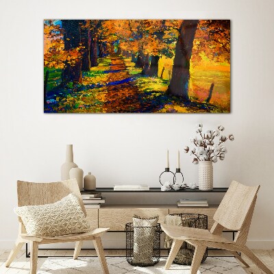 Path tree autumn leaves Glass Wall Art