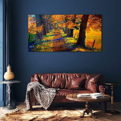 Path tree autumn leaves Glass Wall Art