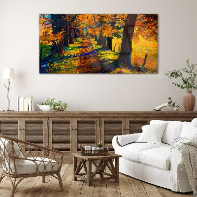 Path tree autumn leaves Glass Wall Art