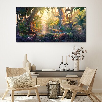 Mysterious forest in the morning Wall art on glass