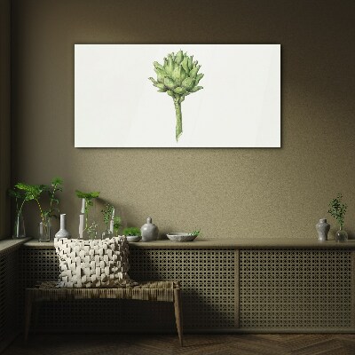 Green artichoke on white background Glass art print