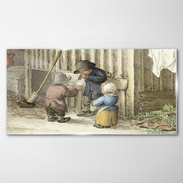 Children playing in the barn Wall art on glass