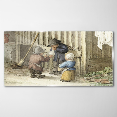 Children playing in the barn Wall art on glass