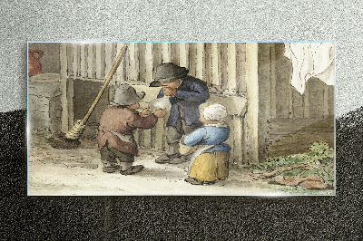Children playing in the barn Wall art on glass