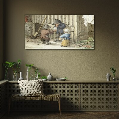 Children playing in the barn Wall art on glass