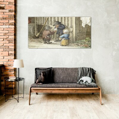 Children playing in the barn Wall art on glass