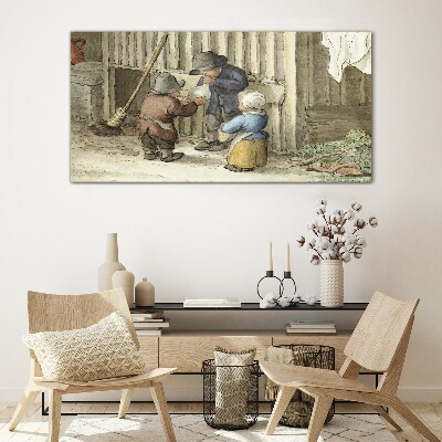 Children playing in the barn Wall art on glass