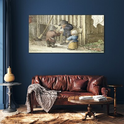 Children playing in the barn Wall art on glass