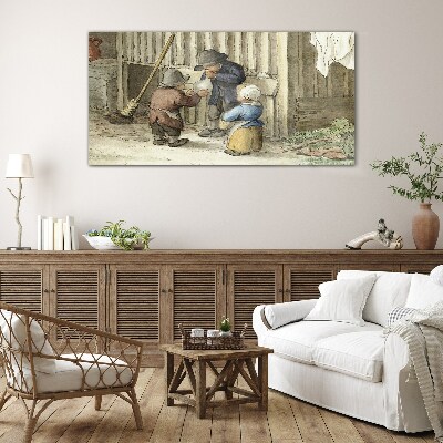 Children playing in the barn Wall art on glass