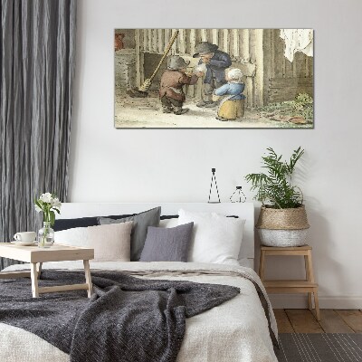 Children playing in the barn Wall art on glass
