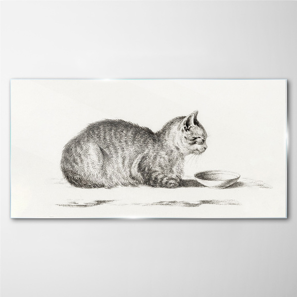 Idyllic cat at the bowl Glass art print