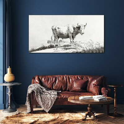 Black cow in the pasture Wall art on glass
