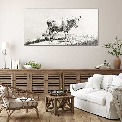 Black cow in the pasture Wall art on glass