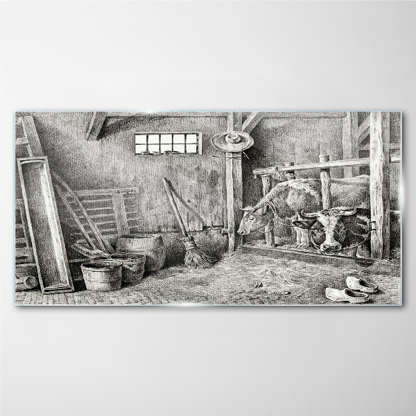 A pen with cows and tools Wall art on glass