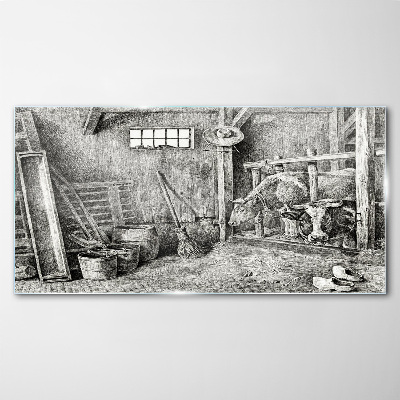 A pen with cows and tools Wall art on glass