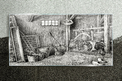 A pen with cows and tools Wall art on glass