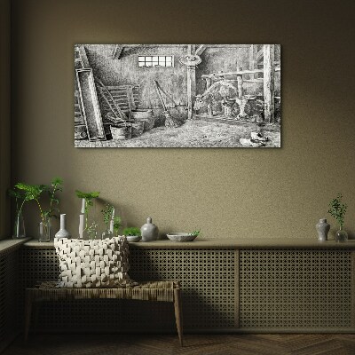 A pen with cows and tools Wall art on glass