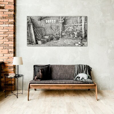A pen with cows and tools Wall art on glass