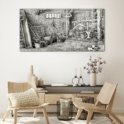 A pen with cows and tools Wall art on glass