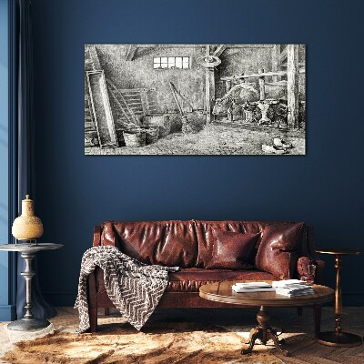 A pen with cows and tools Wall art on glass