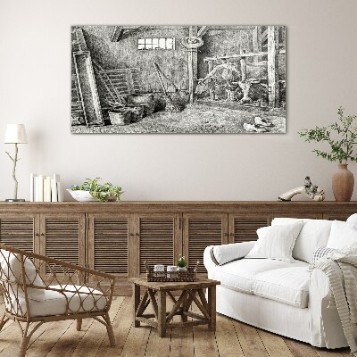 A pen with cows and tools Wall art on glass