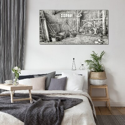 A pen with cows and tools Wall art on glass