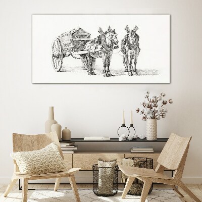 Two horses by a cart Glass art print