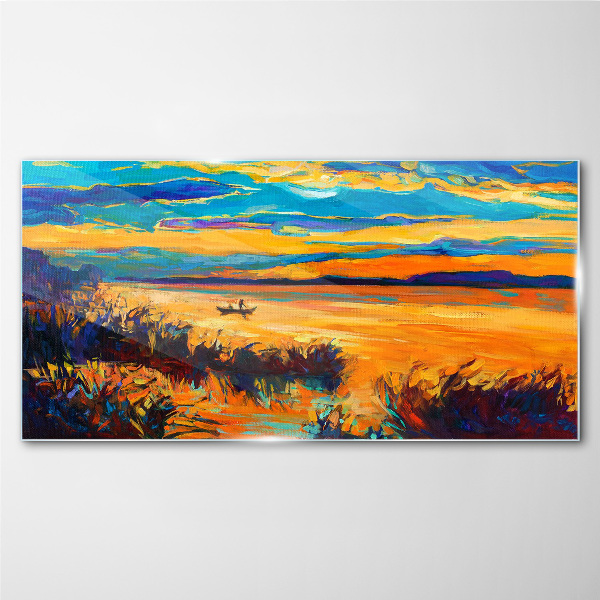 Golden reflections over the water Glass art print