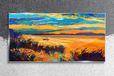 Golden reflections over the water Glass art print