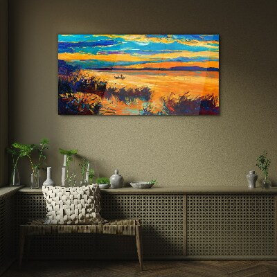 Golden reflections over the water Glass art print