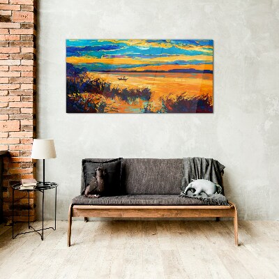 Golden reflections over the water Glass art print