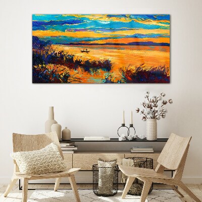 Golden reflections over the water Glass art print