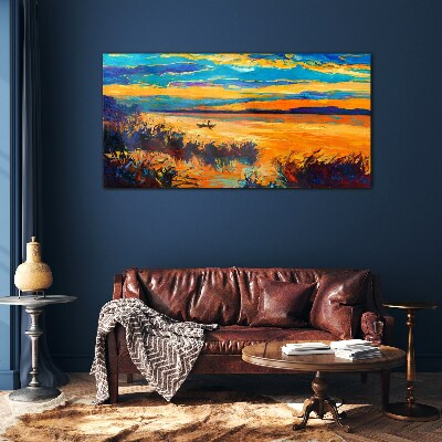 Golden reflections over the water Glass art print
