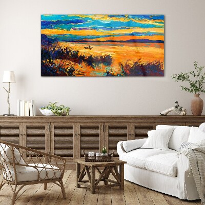 Golden reflections over the water Glass art print