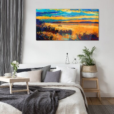 Golden reflections over the water Glass art print