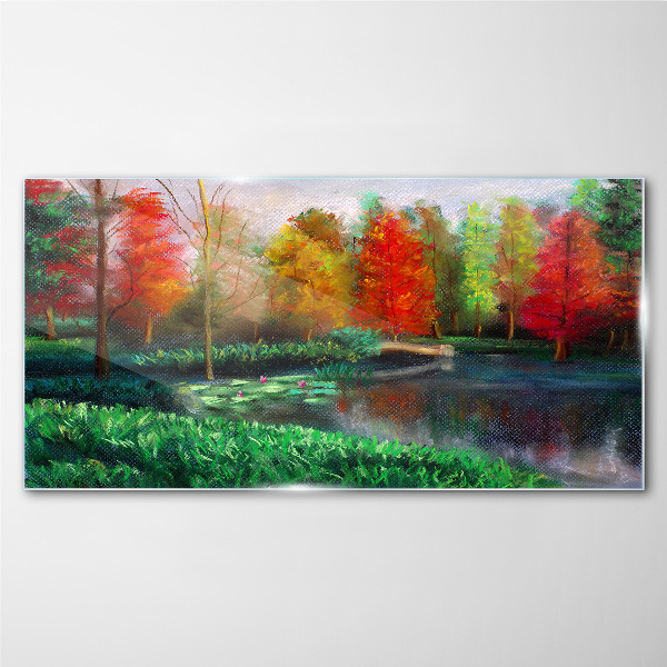 Autumn scenery by the lake Glass art print