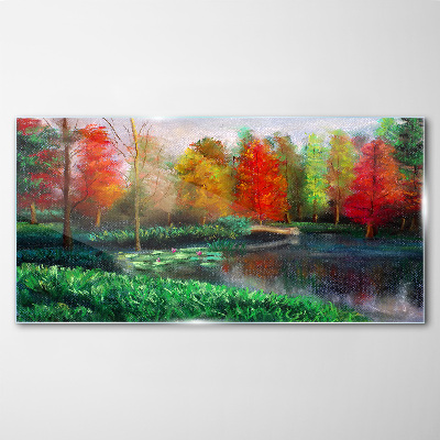 Autumn scenery by the lake Glass art print