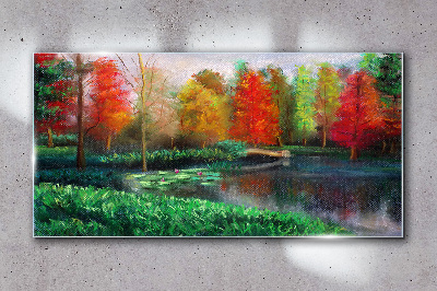 Autumn scenery by the lake Glass art print