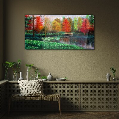 Autumn scenery by the lake Glass art print