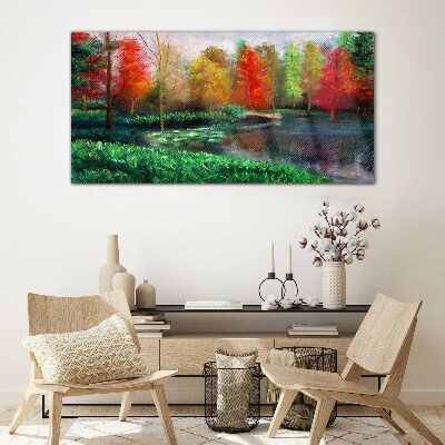 Autumn scenery by the lake Glass art print