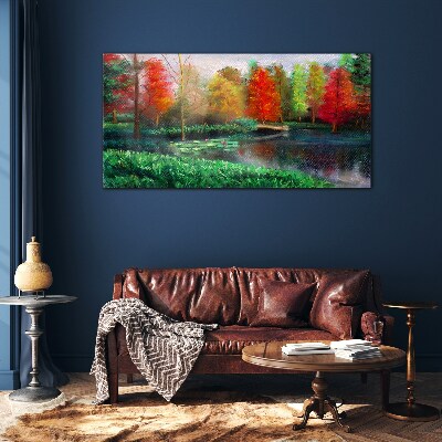 Autumn scenery by the lake Glass art print